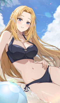 1girl alpha_(kage_no_jitsuryokusha_ni_naritakute!) ball beachball bikini black_bikini blonde_hair blue_eyes blue_sky braid breasts cleavage cloud cowboy_shot day elf half_up_braid highres kage_no_jitsuryokusha_ni_naritakute! large_breasts long_hair looking_at_viewer lying matsumoto_yuu navel on_side outdoors pointy_ears side-tie_bikini_bottom sky solo swimsuit very_long_hair