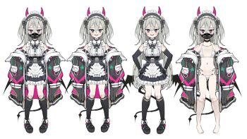 1girl apron artist_self-insert black_jacket boots bow bra character_request collarbone demon_horns demon_tail detached_sleeves dress earrings elbow_gloves frilled_apron frilled_dress frills full_body gloves grey_hair hair_bow horns indie_virtual_youtuber jacket jewelry knee_boots maid maid_headdress mask mouth_mask multiple_views nagisa_chan nakatokung navel official_art open_clothes open_jacket open_mouth oversized_clothes panties tail underwear virtual_youtuber white_background white_bra white_panties