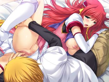 1boy 1girl bed bed_sheet blonde_hair blue_eyes blush boots breasts breasts_out censored choukou_(alicesoft) choukou_tenshi_escalayer clothes_lift clothing_aside dress elbow_gloves escalayer fingering game_cg gloves hair_ribbon hetero knee_boots kouenji_sayuka large_breasts large_variant_set leg_lift leg_up long_hair lying magical_girl mosaic_censoring nipples non-web_source official_art on_side onigirikun open_clothes open_mouth pants pussy pussy_juice red_hair ribbon saliva shirt skirt spread_legs sweat underwear variant_set very_long_hair white_gloves yanase_kyouhei