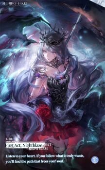 Rule 34 | 1girl, artist request, bare tree, black collar, black crown, black dress, character name, closed mouth, collar, commentary, copyright name, cowboy shot, crown, detached collar, dress, english commentary, english text, expressionless, eyelashes, first act nightblaze (shining nikki), flower, forest, frilled dress, frills, ghost, grey eyes, grey hair, high collar, highres, holding, holding behind back, holding scythe, holding weapon, holding weapon behind back, light particles, lilith (shining nikki), lipstick, long hair, looking to the side, makeup, nature, night, nikki (series), official art, outdoors, purple flower, purple rose, red flower, red lips, red rose, rose, scythe, second-party source, shining nikki, short dress, sleeveless, sleeveless dress, solo, standing, thorns, tree, very long hair, wavy hair, weapon