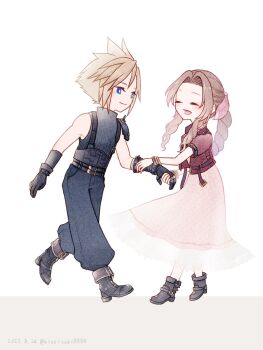 1boy 1girl armor armored_gloves bandaged_arm bandages bangle belt black_boots black_gloves blonde_hair blue_eyes blue_pants blue_shirt bluelimbo8888 boots bracelet braid braided_ponytail brown_hair closed_eyes closed_mouth couple cropped_jacket dated dress final_fantasy final_fantasy_vii final_fantasy_vii_rebirth final_fantasy_vii_remake gloves hair_ribbon hetero highres holding_hands jacket jewelry long_dress long_hair looking_at_another multiple_belts open_mouth pants parted_bangs pauldrons pink_dress pink_ribbon pulling_arm red_jacket ribbon shirt short_hair short_sleeves shoulder_armor sidelocks single_bare_shoulder single_braid single_pauldron sleeveless sleeveless_turtleneck smile spiked_hair suspenders turtleneck twitter_username white_background