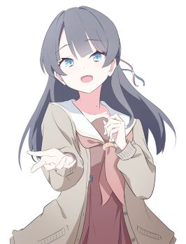 1girl :d black_hair blue_eyes brown_cardigan cardigan collarbone cowboy_shot dress half_updo hasu_no_sora_school_uniform highres junnatsu link!_like!_love_live! long_hair long_sleeves looking_at_viewer love_live! mole mole_on_neck murano_sayaka neckerchief offering_hand open_cardigan open_clothes open_mouth pleated_dress red_neckerchief sailor_collar sailor_dress school_uniform smile solo virtual_youtuber white_sailor_collar winter_uniform