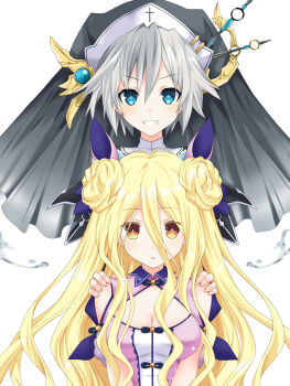 2girls :o blonde_hair blue_eyes breasts cleavage_cutout clothing_cutout date_a_live dress grey_hair habit honjou_nia hoshimiya_mukuro kagura_ittou large_breasts liquid long_hair multiple_girls nun open_mouth parted_lips pink_dress short_dress short_hair smile teeth upper_body yellow_eyes