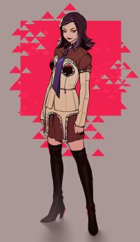 1girl absurdres amano_maya black_boots black_hair boots brown_shirt collared_shirt full_body high_heel_boots high_heels highres lipstick long_sleeves looking_at_viewer makeup multicolored_hair necktie neekosiah persona persona_2 purple_hair red_eyes red_lips shadow_maya shirt skirt solo spade_(shape) standing thigh_boots twitter_username