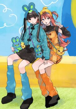 Rule 34 | 2girls, :d, arm warmers, bag, black arm warmers, black eyes, black footwear, black hair, black shirt, black skirt, blue jacket, blue leg warmers, blunt bangs, colored inner hair, commentary request, dress, earrings, grey hair, hair between eyes, highres, holding hands, inkya gyaru demo ikigaritai!, jacket, jewelry, kashiwagi tsukiko, kuran arisa, leg warmers, long hair, long sleeves, multicolored hair, multiple girls, ogino ichiko, open mouth, orange dress, orange leg warmers, parted lips, pinafore dress, red hair, shirt, short sleeves, shoulder bag, sitting, skirt, sleeveless, sleeveless dress, smile, stuffed animal, stuffed rabbit, stuffed toy, twintails, two-tone hair, two side up, v, yuri