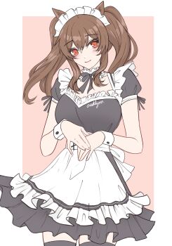 1girl aedilynn alternate_costume angelina_(arknights) animal_ears apron arknights artist_name black_bow black_dress black_thighhighs border bow breasts brown_hair collar commentary dot_nose dress english_commentary enmaided fox_ears fox_girl frilled_apron frilled_collar frills highres large_breasts light_blush long_hair long_sidelocks looking_at_viewer maid maid_apron maid_headdress outside_border own_hands_together pink_background red_eyes sidelocks simple_background smile solo thighhighs twintails waist_apron white_apron white_border white_collar white_wrist_cuffs wrist_cuffs zettai_ryouiki