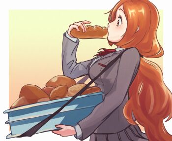 1girl bleach bleach:_sennen_kessen-hen border bread breasts brown_eyes chankirankachan eating female_focus food highres holding inoue_orihime karakura_high_school_uniform large_breasts long_hair orange_hair simple_background skirt upper_body white_border