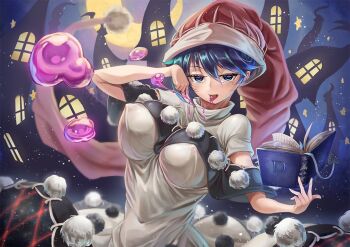 1girl arm_up black_capelet blob blue_eyes blue_hair blush book breasts capelet closed_mouth commentary_request covered_erect_nipples crossed_bangs dark_blue_hair doremy_sweet dream_soul dream_world_(touhou) dress eyelashes floating floating_object hair_between_eyes haruno_(kuromitugozen) hat large_breasts long_hair nightcap pom_pom_(clothes) red_hat saliva sexually_suggestive short_sleeves slime_(substance) smile solo tongue tongue_out touhou turtleneck white_dress