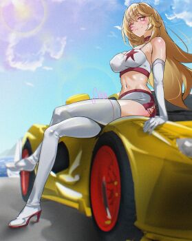 1girl absurdres alternate_costume blonde_hair boots breasts car closed_mouth commentary crossed_legs elbow_gloves fukou gloves high_heel_boots high_heels highres large_breasts long_hair looking_at_viewer motor_vehicle navel on_car outdoors pencil_skirt race_queen shokuhou_misaki signature sitting skirt smile solo sparkling_eyes sports_car star_(symbol) star_print sun thigh_boots toaru_kagaku_no_mental_out toaru_kagaku_no_railgun toaru_majutsu_no_index very_long_hair white_boots white_gloves white_skirt yellow_car yellow_eyes