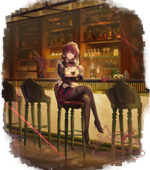1girl alternate_costume artist_name bar_(place) black_dress black_pantyhose black_shoes bottle breasts chair cleavage closed_mouth commentary crossed_legs cup dress drinking_glass enmaided full_body high_heels highres holding holding_cup honkai:_star_rail honkai_(series) indoors kafka_(honkai:_star_rail) large_breasts long_hair long_sleeves looking_at_viewer maid maid_headdress omelet_tomato on_chair pantyhose purple_eyes purple_hair shoes sitting smile solo thigh_strap twitter_username watermark