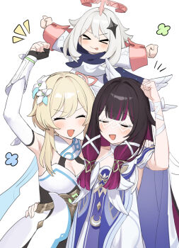 &gt;_&lt; 3girls :d :p ^_^ arm_up black_hair blonde_hair blush breasts cape cleavage closed_eyes columbina_(genshin_impact) commentary_request flower genshin_impact grey_hair hair_flower hair_ornament halo highres lumine_(genshin_impact) medium_breasts medium_hair multicolored_hair multiple_girls nanmo_(nanmokamo) open_mouth paimon_(genshin_impact) pink_halo purple_hair sidelocks simple_background smile tongue tongue_out two-tone_hair white_background white_cape white_flower