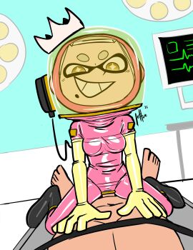 1boy 1girl absurdres bodysuit cardiogram gloves hazmat_suit highres inkling laboratory latex latex_bodysuit latex_gloves nintendo operating_table pearl_(splatoon) qqlettuce sex source_request splatoon_(series) strapped_down surgical_light table tagme