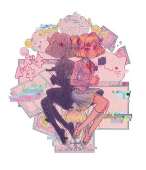 2girls blazer blush book buttons candy cat commentary cookie cupcake doki_doki_literature_club doki_doki_literature_club_school_uniform eyelashes food glitch jacket kneehighs leunfer long_sleeves monika_(doki_doki_literature_club) multiple_girls natsuki_(doki_doki_literature_club) neck_ribbon open_book own_hands_together red_eyes ribbon school_uniform shadow shoes short_hair short_twintails signature sitting skirt socks solo_focus spoilers translation_request twintails window_(computing) wrapped_candy