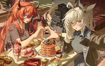 4girls ahoge amiya_(arknights) arknights blueberry booth_seating bow bread cake character_request choker coffee food fruit gloves grey_hair grey_shirt hair_bow hair_intakes heart heart_hands heart_hands_duo highres ice_cream indoors jewelry lemon lemon_slice lime_(fruit) lime_slice multiple_girls necklace one_side_up open_mouth orange_hair pancake pancake_stack parfait ponytail purple_eyes red_eyes restaurant sanmu shirt shorts single_glove skadi_(arknights) skadi_(the_next_afternoon_tea)_(arknights) soup spoon steak strawberry surtr_(arknights) surtr_(liberte_echec)_(arknights) sweater syrup turtleneck turtleneck_sweater white_bow white_hair window_shadow