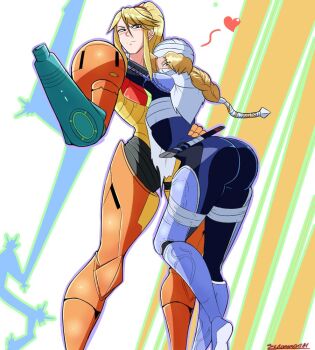 2girls androgynous arched_back arm_cannon artist_name ass bandages blonde_hair blush braid commentary company_connection english_commentary frown hair_over_one_eye hand_on_another's_waist heart height_difference hug long_hair long_sidelocks looking_at_another looking_at_viewer metroid metroid:_other_m multiple_girls nintendo ponytail power_suit_(metroid) reverse_trap samus_aran scabbard sheath sheathed sheik sheikah sidelocks signature spoken_heart super_smash_bros. the_legend_of_zelda the_legend_of_zelda:_twilight_princess varia_suit weapon zero_momentai