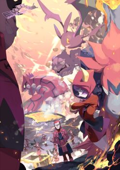 5girls 6+boys artist_name black_hair boots camerupt clenched_teeth closed_eyes coat courtney_(pokemon) crobat e_volution fake_horns gen_1_pokemon gen_2_pokemon gen_3_pokemon glasses groudon hood hood_up horns lava legendary_pokemon maxie_(pokemon) medium_hair mightyena multiple_boys multiple_girls nintendo npc_trainer open_clothes open_coat outdoors pants pokemon pokemon_(creature) pokemon_oras purple_hair red_hair short_hair shorts smile smoke standing steam tabitha_(pokemon) team_magma team_magma_grunt team_magma_uniform teeth weezing