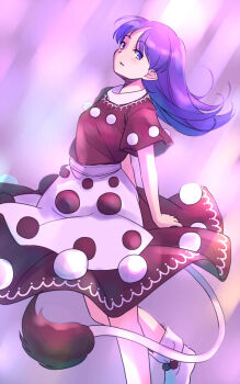 1girl apron arms_behind_back black_dress blue_eyes blue_hair collar commentary_request doremy_sweet dress foot_out_of_frame from_side light_blush long_hair no_headwear one-hour_drawing_challenge parted_lips pink_background pointy_ears pom_pom_(clothes) rangycrow shoes short_sleeves sideways_glance solo tail tapir_tail touhou white_apron white_collar white_shoes