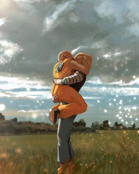 1boy 1girl android_18 bald bald_male blonde_hair broonoart cloud cloudy_sky couple dragon_ball grabbing_another's_ass grass groping hug husband_and_wife kiss kuririn lifting_person sky sparkle_background tree