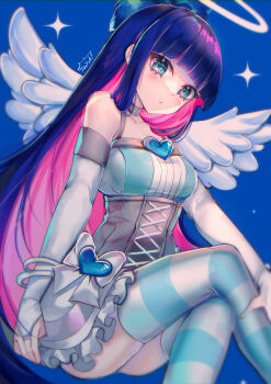 1girl absurdres angel angel_wings blue_background blue_eyes blue_hair blunt_bangs bow breasts choker colored_inner_hair commentary dress english_commentary gothic_lolita hair_bow halo heart_ornament highres large_breasts lolita_fashion long_hair looking_at_viewer multicolored_hair panty_&amp;_stocking_with_garterbelt pink_hair purple_hair simple_background solo star_(symbol) stocking_(psg) striped_clothes striped_leggings striped_thighhighs tactoki thighhighs traditional_halo two-tone_hair wings