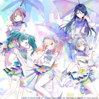 5girls blonde_hair blue_eyes blue_hair brown_hair from_tokyo_(vocaloid) green_eyes green_hair grey_hair hatsune_miku highres holding holding_umbrella hoshino_ichika_(project_sekai) leo/need_(project_sekai) light_smile misumi_(macaroni) mochizuki_honami multiple_girls official_art open_mouth project_sekai skirt tenma_saki transparent transparent_umbrella umbrella