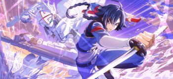 1boy ahoge alexander_(code_geass) armband arms_up artist_request belt belt_buckle black_shoes blue_eyes blue_hair blue_jacket blue_pants blue_sky braid braided_ponytail buckle closed_mouth cloud code_geass code_geass:_boukoku_no_akito code_geass:_lost_stories dual_wielding dutch_angle emphasis_lines game_cg green_eyes hair_between_eyes hair_flaps highres holding holding_sheath holding_sword holding_weapon hyuuga_akito jacket jumping katana layered_sleeves leg_up long_hair long_sleeves looking_at_viewer male_focus mecha military_uniform motion_blur non-web_source official_art orange_sky outdoors outstretched_arm pants robot sheath shirt shoes sidelocks sky solo splashing sunset sword tonfa v-shaped_eyebrows water weapon white_shirt