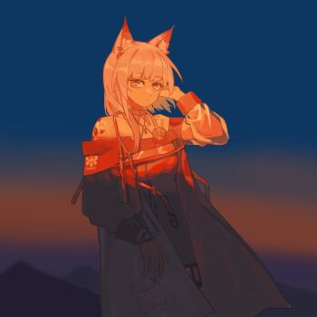 Rule 34 | 1girl, animal ears, arknights, choker, coat, dress, fox ears, green dress, hand up, highres, jianbing zhizhu, kal'tsit (arknights), looking at viewer, material growth, orange theme, oripathy lesion (arknights), see-through clothes, see-through sleeves, shadow, short hair, sidelocks, solo, sunset, twilight, white coat, white hair