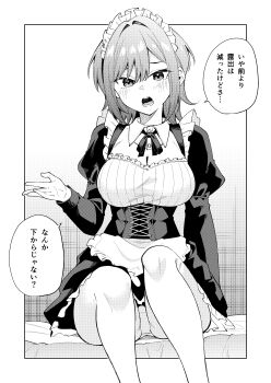 1girl absurdres border breasts cleavage commentary_request corset feet_out_of_frame greyscale highres hitotose_hirune juliet_sleeves large_breasts long_sleeves looking_at_viewer maid maid_headdress monochrome neck_ribbon original outside_border panties pantyshot puffy_sleeves ribbon short_hair sitting solo speech_bubble translation_request underwear white_border