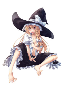 1girl barefoot blonde_hair blush braid breasts cleavage covering_privates feet female_focus full_body fuyuwa_kotatsu hat highres kirisame_marisa long_hair long_toenails no_bra open_clothes open_shirt shirt simple_background single_braid small_breasts soles solo spread_toes toenails toes touhou very_long_hair white_shirt witch_hat yellow_eyes