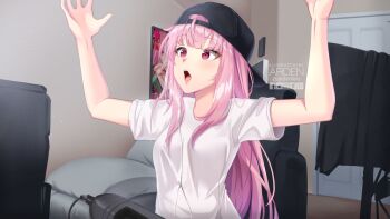 1girl :o ardenlolo arms_up artist_name backwards_hat black_hat blunt_bangs breasts computer computer_tower cr1tikal door hat hololive hololive_english indoors long_hair looking_ahead medium_breasts meme microphone mori_calliope paid_reward_available parody pink_eyes pink_hair poster_(object) shirt short_sleeves sitting solo twitter_logo upper_body very_long_hair virtual_youtuber wall white_shirt