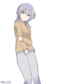 1girl absurdres alternate_costume brown_sweater casual feet_out_of_frame grey_eyes grey_hair grey_panties hair_down highres kantai_collection one-hour_drawing_challenge one_side_up panties robinson_(day_l_full) simple_background solo suzutsuki_(kancolle) sweater twitter_username underwear white_background
