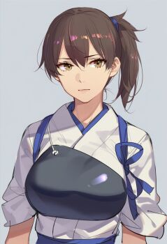 Rule 34 | 1girl, blue hakama, blush, breasts, brown eyes, brown hair, grey background, hakama, hakama short skirt, hakama skirt, highres, japanese clothes, kaga (kancolle), kantai collection, kimono, kisaragi shokuin, large breasts, muneate, short hair, side ponytail, skirt, solo, upper body, white kimono