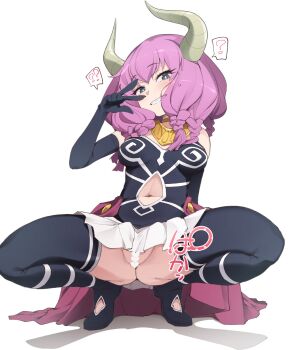 1girl ? ?? ass aura_(sousou_no_frieren) aura_bullying_(meme) black_gloves black_thighhighs blush braid breasts censored clothing_cutout demon_girl demon_horns elbow_gloves gloves gold_necklace heart heart_censor highres horns long_hair looking_at_viewer low-braided_long_hair low-tied_long_hair medium_breasts mind_control multiple_braids navel navel_cutout necklace nekono_matatabi no_panties pink_hair pleated_skirt pussy simple_background skirt smile sousou_no_frieren spoken_question_mark spread_legs squatting stomach thighhighs thighs tiptoes twin_braids v waist_cape white_background white_skirt