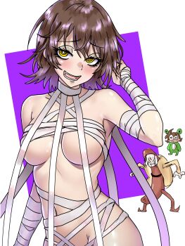 2girls absurdres accelerator_(toaru_majutsu_no_index) age_difference albino animal_costume armpits bandages bare_shoulders blush breasts brown_hair convenient_censoring cosplay covered_erect_nipples ebora frog_costume gekota gekota_(cosplay) gluteal_fold highres hot_dog_costume large_breasts last_order_(toaru_majutsu_no_index) medium_hair misaka_worst multiple_girls mummy_costume navel nephtys nephtys_(cosplay) open_mouth red_eyes shiny_skin short_hair siblings sisters smile thighs toaru_majutsu_no_index toaru_majutsu_no_index:_new_testament white_hair yellow_eyes