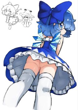 <|>_<|> 2girls :q ;q alice_grimm angry ass blue_bow blue_dress blue_eyes blue_hair bow cirno closed_mouth commentary detached_wings dress english_commentary from_below hair_bow hair_ribbon highres ice ice_wings long_hair long_sleeves looking_at_viewer medium_hair moriya_suwako multiple_girls no_panties one_eye_closed ribbon sleeveless sleeveless_dress smile solo_focus squatting star_(symbol) thighhighs tongue tongue_out touhou vest white_thighhighs wings wink_star