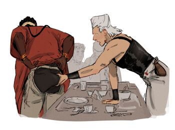 4boys adam22&#039;s_ass_grab_(meme) ass bare_shoulders chaps dark-skinned_male dark_skin domi_(domirine) feet_out_of_frame from_side grabbing_another&#039;s_ass groping jean_pierre_polnareff jojo_no_kimyou_na_bouken kakyoin_noriaki male_focus meme mohammed_avdol multiple_boys open_mouth parody short_hair sketch spiked_hair standing stardust_crusaders