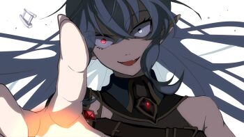 Rule 34 | 1girl, armor, blue eyes, commentary, crazy eyes, english commentary, gem, general geega, grey hair, heterochromia, highres, leotard, long hair, looking at viewer, pointy ears, ponytail, reaching, reaching towards viewer, red eyes, red gem, see-through clothes, see-through leotard, shoulder armor, sidelocks, virtual youtuber, vshojo, white background, yncs 54