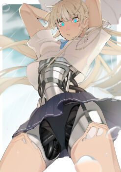 1girl absurdres android arms_behind_head black_skirt blonde_hair blue_bow blue_bowtie blue_eyes border bow bowtie breasts cable commentary ecomoesty ei_chan_(endless_overhaul) endless_overhaul exposed_internal_machinery highres long_hair mechabare medium_breasts multicolored_eyes rain shirt skirt solo torn_skin wet_lens white_border white_shirt wind yellow_eyes