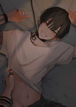 2boys absurdres arm_tattoo bed_sheet black_hair black_pants commentary ear_piercing english_commentary finger_tattoo grey_eyes grin highres looking_at_viewer male_focus multiple_boys navel niwa281610 original pants piercing shirt smile tattoo teeth white_shirt