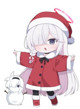 1girl :o absurdres black_choker black_headband black_pantyhose blue_archive boots chibi choker cinamon_(cinamori) colored_inner_hair commentary double_v grey_eyes halo hat headband highres long_hair multicolored_hair pantyhose plana_(blue_archive) red_boots red_halo santa_costume santa_hat simple_background snowman v white_background white_hair