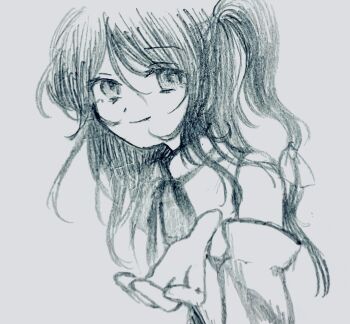 Rule 34 | 1girl, bare shoulders, closed mouth, commentary, detached sleeves, happy, highres, itsuki ( dw), label girl (dipp), long hair, long sleeves, looking at viewer, mandarin collar, neck ribbon, no headwear, offering hand, ribbon, shirt, side ponytail, simple background, smile, symbol-only commentary, touhou, traditional media, upper body, wide sleeves