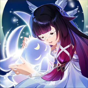 1girl bare_shoulders black_hair blunt_bangs closed_eyes columbina_(genshin_impact) commentary_request dress feathered_wings genshin_impact gradient_hair hair_ribbon head_wings highres long_sidelocks luonnotar_(genshin_impact) lupi_(yuni_060969) multicolored_hair multiple_wings open_mouth pink_hair ribbon sidelocks smile solo twitter_username upper_body white_dress white_mask white_ribbon wings