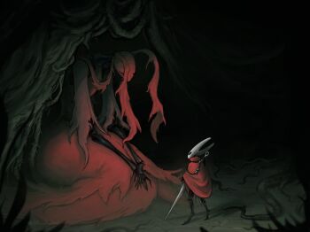 Rule 34 | 2girls, ant girl, antennae, arthropod girl, black eyes, black skin, cloak, closed eyes, colored skin, commentary, dress, english commentary, highres, holding, hollow eyes, hollow knight, hollow knight: silksong, horned mask, hornet (hollow knight), horns, looking at another, mask, multicolored skin, multiple girls, needolin (hollow knight), no mouth, red cloak, red dress, red skin, shl shalopai, skarrsinger karmelita (hollow knight), weapon, white mask