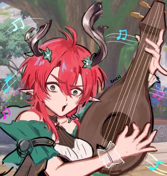 1girl bare_shoulders beamed_eighth_notes breasts ciaccona_(wuthering_waves) commentary_request derivative_work frilled_wrist_cuffs frills green_eyes hair_between_eyes highres horns instrument jhenny345 medium_breasts medium_hair music musical_note open_mouth playing_instrument pointy_ears red_hair screenshot_redraw solo spanish_commentary tree_horns wrist_cuffs wuthering_waves