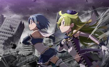 2girls aki_mabayu armlet artist_request belt belt_buckle beret blue_belt blue_eyes blue_hair blue_shirt blue_skirt blue_sleeves blue_wrist_cuffs blunt_bangs blunt_ends buckle building cape city closed_mouth cloud cloudy_sky collared_cape collared_shirt cowboy_shot cropped_shirt debris detached_sleeves determined dress floating_cape floating_clothes floating_hair fortissimo frilled_shirt_collar frills from_side frown game_cg gem gloves gold_buckle green_hair hair_ornament hair_over_one_eye hairclip hat high_collar highres holding holding_scissors holding_sword holding_weapon jewelry light_blush long_hair long_sleeves magia_record:_mahou_shoujo_madoka_magica_gaiden magical_girl mahou_shoujo_madoka_magica mahou_shoujo_madoka_magica_magia_exedra messy_hair midriff miki_sayaka mini_hat miniskirt multiple_girls musical_note musical_note_hair_ornament official_art open_clothes open_dress open_mouth outdoors petticoat pleated_skirt pointy_nose purple_belt purple_dress purple_eyes purple_gemstone purple_hat purple_sleeves ruins scissors shirt shirt_under_dress short_hair skirt sky skyscraper sleeveless sleeveless_dress sleeveless_shirt strapless strapless_shirt sword tareme thigh_belt thigh_strap thighhighs two-tone_shirt v-shaped_eyebrows very_long_hair walking weapon white_cape white_gloves white_shirt white_skirt white_thighhighs wind wrist_cuffs