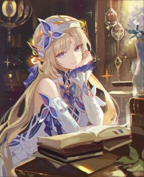 1girl blonde_hair blue_eyes book book_stack commentary cross-shaped_pupils detached_sleeves dress facial_mark forehead_mark fractalmagnolia genshin_impact hat head_on_hand highres indoors long_hair looking_at_viewer nicole_(genshin_impact) open_book smile solo star_(symbol) star_facial_mark symbol-shaped_pupils untranslatable_commentary white_dress white_hat white_sleeves