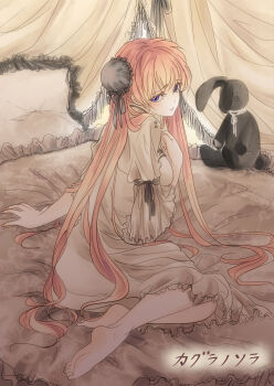 blue_eyes gintama highres kagura_(gintama) long_hair nail_polish nightgown on_bed parody pillow red_hair stuffed_toy yatsuka_(tonko1017)