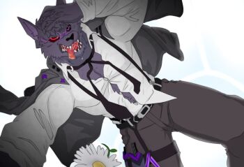 1boy black_eyes black_jacket chaos_zero_nightmare drooling flower furry hair_flower hair_ornament hugo_(chaos_zero_nightmare) jacket looking_at_viewer necktie purple_fur red_eyes saliva scar scar_on_face sharp_teeth shirt simple_background solo suspenders teeth tongue tongue_out torn_clothes torn_shirt white_shirt