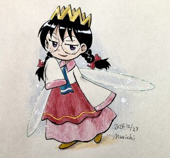 Rule 34 | 1girl, black hair, bow, braid, crown, dated, fairy, fairy wings, freckles, glasses, hair bow, highres, kirby (series), kirby 64, long hair, long skirt, low twin braids, nintendo, pink skirt, qqvsxx1818444, red bow, ripple star queen, skirt, smile, traditional media, twin braids, wings