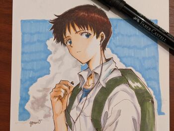 Rule 34 | 1boy, art tools in frame, backpack, bag, black hair, blue eyes, blue shirt, blue sky, closed mouth, collared shirt, earphones, green bag, highres, ikari shinji, male focus, neon genesis evangelion, parted lips, photo (medium), school uniform, shirt, short hair, single earphone removed, sky, solo, teeth, tokyo-3 middle school uniform, traditional media, undershirt, upper body, white shirt, yorumi1117
