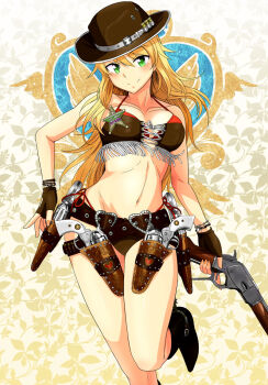 1girl bare_shoulders belly belt bikini bikini_under_clothes blonde_hair blush boots bracelet breasts bullet collarbone cowboy_boots cowboy_hat cowboy_western cross-laced_clothes female_focus fingerless_gloves front-tie_top gloves green_eyes gun handgun hat holding holster hoshii_miki idolmaster idolmaster_(classic) jewelry leg_up long_hair looking_at_viewer navel revolver rifle sheriff_badge shotgun side-tie_bikini_bottom simple_background smile solo spurs swimsuit swimsuit_under_clothes tsurui weapon